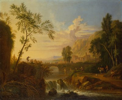 Et skovklædt landskab med et bondepar ved en grav og fiskere ved et vandfald (olie) af Jan van Huysums