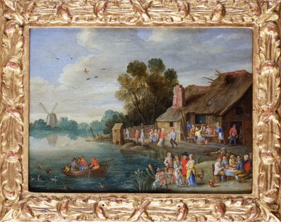 Et flodlandskab med adel på en landsbykro af Jan van Kessel