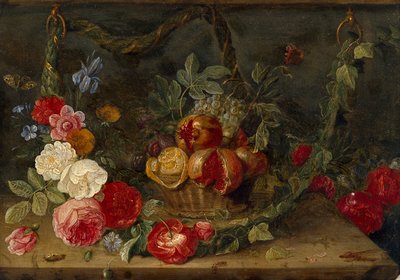 Dekorativ Stilleben-sammensætning med en frugtkurv, midten af det 17. århundrede af Jan van Kessel