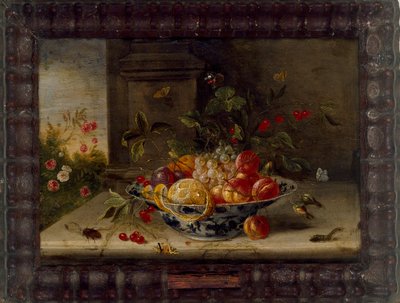 Dekorativ stillebenskomposition med porcelænsskål, frugt og insekter, midten af 1600-tallet af Jan van Kessel