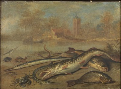 Fisk og landskab af Jan van Kessel the Elder