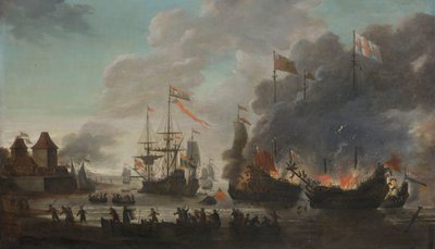 De hollandske brændende engelske skibe under det hollandske angreb på Medway, 20. juni 1667 af Jan van Leyden