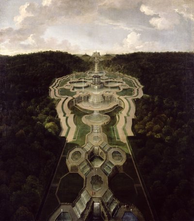 Udsigt over den store plads med templet i begyndelsen af den anden tredjedel af vandfaldene til Octagon, efter 1716 af Jan van Nickelen