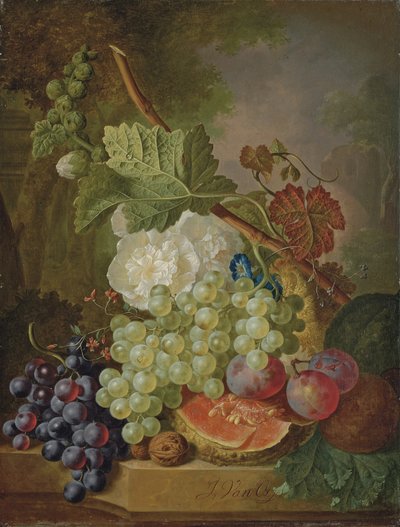 Blomster, druer, blommer, valnødder og en melon på en stenafsats af Jan van Os