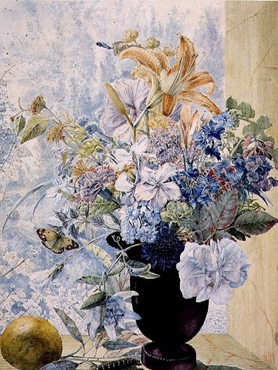 PD.849-1973 Vase med blandede blomster i et vindue (gouache og akvarel) af Jan van Os