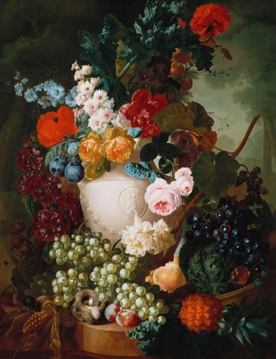 Roser, valmuer og andre blomster i en skulptureret vase med frugt, en mus og en fuglerede på en stenafsats af Jan van Os