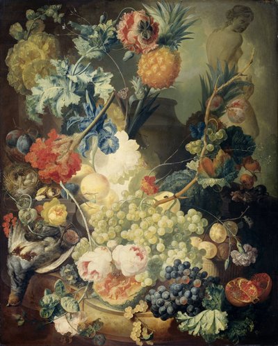 Stilleben med blomster, frugt og fugle af Jan van Os