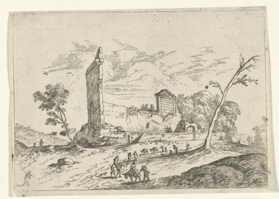 Landskab med romerske ruiner og æselhyrder af Jan van Ossenbeeck (attributed to)