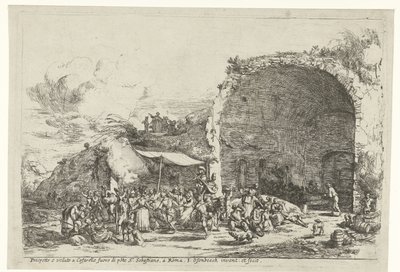 Festligheder ved ruinerne af nymfen Egerias hule Prospetto e veduto a Cafarelle fuoro di porte S. Sebastiano, en roma (titel på objektet) af Jan van Ossenbeeck
