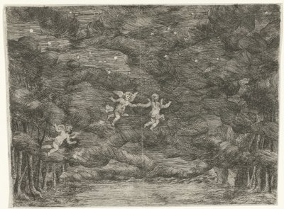Sceneindretning med engle på nattehimlen af Jan van Ossenbeeck
