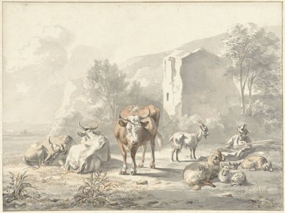 Landskab med kvæg og ruin af Jan van Ravenswaay
