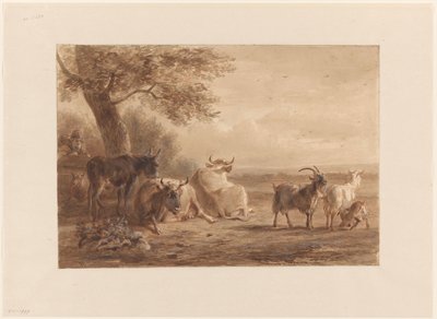Kvæg under et træ og en mand med en kurv af Jan van Ravenswaay