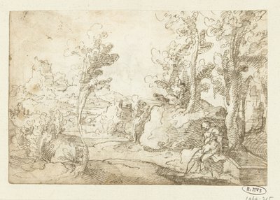 Landskab med en figur siddende ved en brønd af Jan van Scorel (attributed to)