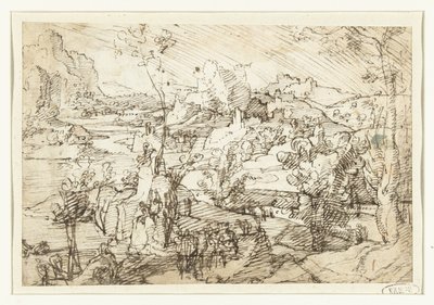 Landskab med sten, figurer og et sejlskib af Jan van Scorel (attributed to)