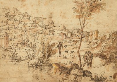 Landskab med hyrder ved en flod og en by bagved (recto); Figurstudier og romerske ruiner (verso) af Jan van Scorel