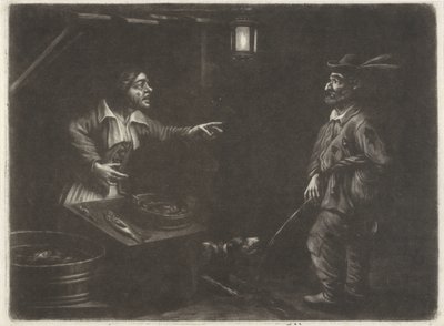 Natteudsigt med fiskehandler og en vandladende mand af Jan van Somer