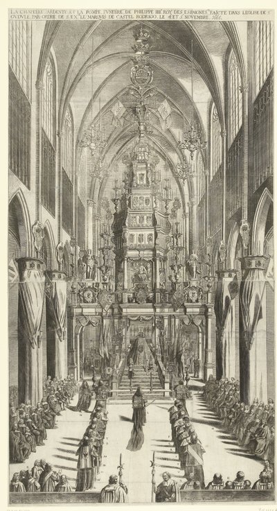 Lijkdienst voor Filips IV te Bruxelles, 1665 Det brændende kapel og begravelsesoptoget af Philippe IIIe roy des Espaignes lavet i kirken Ste. Gudule i rækkefølge af s. overskydende. markisen af ​​Castel Rodrigo den 4. og 5. november 1665 (titel på objektet af Jan van Troyen
