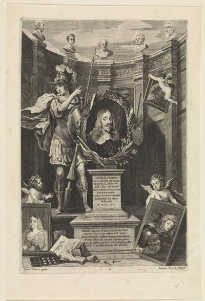 Portræt af ærkehertug Leopold William af Østrig som kunstsamler Theatrum Pictorium (serietitel) Titelside for: David Teniers, Theatrum Pictorium, 1658 af Jan van Troyen