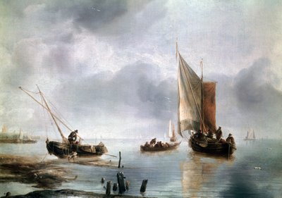 Et lille fartøj i let luft, og et andet i land, ca 1650-1660, af Jan van de Cappelle (1624-ca 1679), olie på lærred, 34, 8x48 af Jan van de Capelle or Cappelle