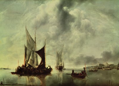 Rolig eller, både nær kysten, efter 1651 (olie på lærred) af Jan van de Capelle or Cappelle