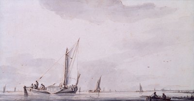 Fiskere og sejlbåde på en flodmunding i ro (pen, blæk og vask) af Jan van de Capelle or Cappelle