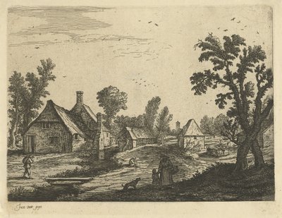 Landsbyudsigt med kvinde og barn i landsbygaden af Jan van de Cappelle (attributed to)
