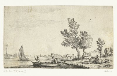 Flodlandskab med to mænd i en robåd af Jan van de Cappelle (attributed to)