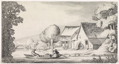 Bonde og bondekone i en robåd Playsante landskaber og sjove ansigter (serietitel) af Jan van de Velde (II)