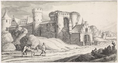 Bonde med hest på en vej forbi et slot Playsante landskaber og sjove ansigter (serietitel) af Jan van de Velde (II)