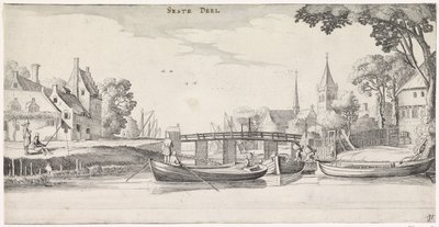 Både ved en anløbsbro i en landsby Playsante landskaber og underholdende seværdigheder (serietitel) af Jan van de Velde (II)
