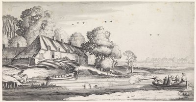 Andejagt på en flod nær en gård Playsante landskaber og sjove ansigter (serietitel) af Jan van de Velde (II)