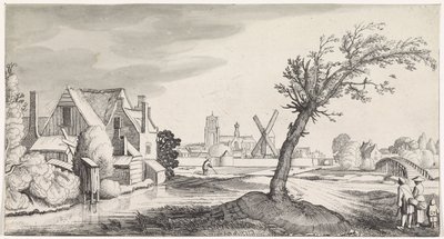 Familie i et hus med en by i baggrunden Playsante landskaber og underholdende seværdigheder (serietitel) af Jan van de Velde (II)