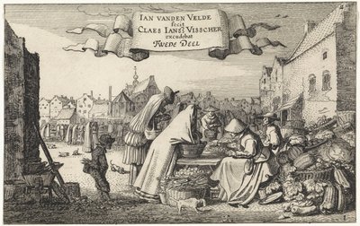 Figurer ved en grøntsagsbod på et marked Landskaber (serietitel) Amenissimae aliquot requculae (serietitel) af Jan van de Velde (II)