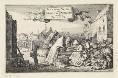 Figurer ved en grøntsagsbod på et marked Landskaber (serietitel) Amenissimae aliquot requculae (serietitel) af Jan van de Velde (II)