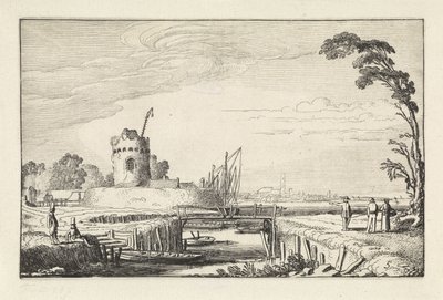 Figurer ved en havn og et tårn Landskaber (serietitel) Amenissimae aliquot requculae (serietitel) af Jan van de Velde (II)