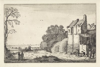 Figurer ved et hus og overdækkede vogne på en landevej Landskaber (serietitel) Amenissimae aliquot requculae (serietitel) af Jan van de Velde (II)