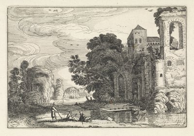 Figurer på et slot ved en flod Landskaber (serietitel) Amenissimae aliquot requculae (serietitel) af Jan van de Velde (II)