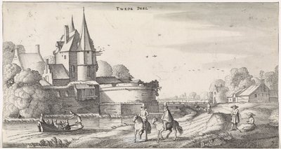 Figurer på et slot i et flodlandskab Playsante-landskaber og underholdende seværdigheder (serietitel) af Jan van de Velde (II)
