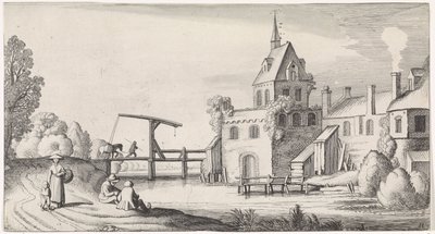 Figurer ved en vindebro til en landsby med et kirketårn Playsante landskaber og sjove ansigter (serietitel) af Jan van de Velde (II)