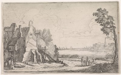 Figurer ved et faldefærdigt hus ved en flod Flodlandskaber (serietitel) af Jan van de Velde (II)
