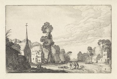 Figurer og kvæg i en landsby med en kirke Landskaber (serietitel) Amenissimae aliquot requculae (serietitel) af Jan van de Velde (II)
