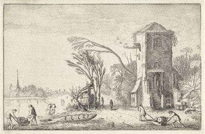 Figurer i et vinterlandskab med et tårn Landskaber (serietitel) Amenissimae aliquot requculae (serietitel) af Jan van de Velde (II)