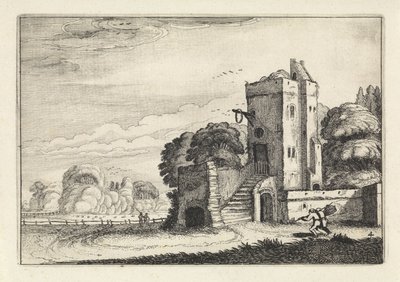 Figurer med en fuglekurv nær et tårn i et landskab Landskaber (serietitel) Amenissimae aliquot requculae (serietitel) af Jan van de Velde (II)