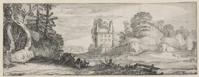 Udsigt over et ødelagt hus nær en mur Landskaber og ruiner (serietitel) Amoenissimae aliquot Regiunculae (serietitel) af Jan van de Velde (II)