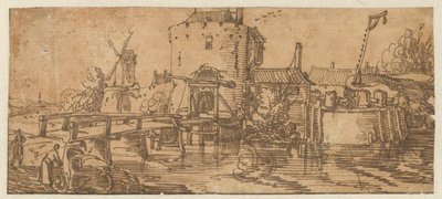 Udsigt over en by (Culemborg?) med en bro foran en port af Jan van de Velde (II)