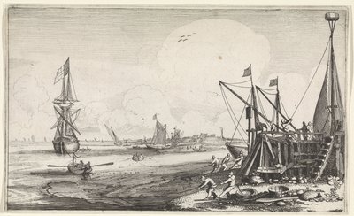 Havnehoved med fiskere, der trækker deres garn ind Seascapes (serietitel) af Jan van de Velde (II)