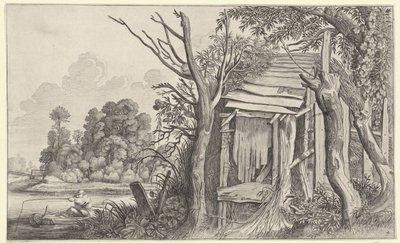 Lystfisker ved en faldefærdig hytte i et landskab Landskaber efter Pieter de Molijn (serietitel) af Jan van de Velde (II)