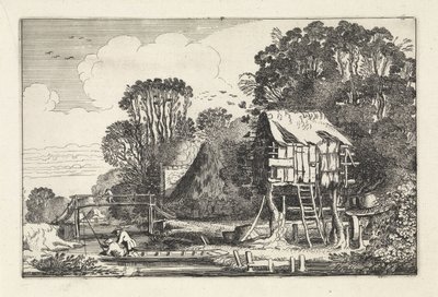 Lystfiskere i en båd nær en svalegang Landskaber (serietitel) Amenissimae aliquot requculae (serietitel) af Jan van de Velde (II)