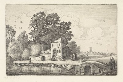 Hus ved en stenbro i et flodlandskab Landskaber (serietitel) Amenissimae aliquot requculae (serietitel) af Jan van de Velde (II)