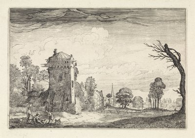 Jægere med hunde ved et tårn i et landskab Landskaber (serietitel) Amenissimae aliquot requculae (serietitel) af Jan van de Velde (II)